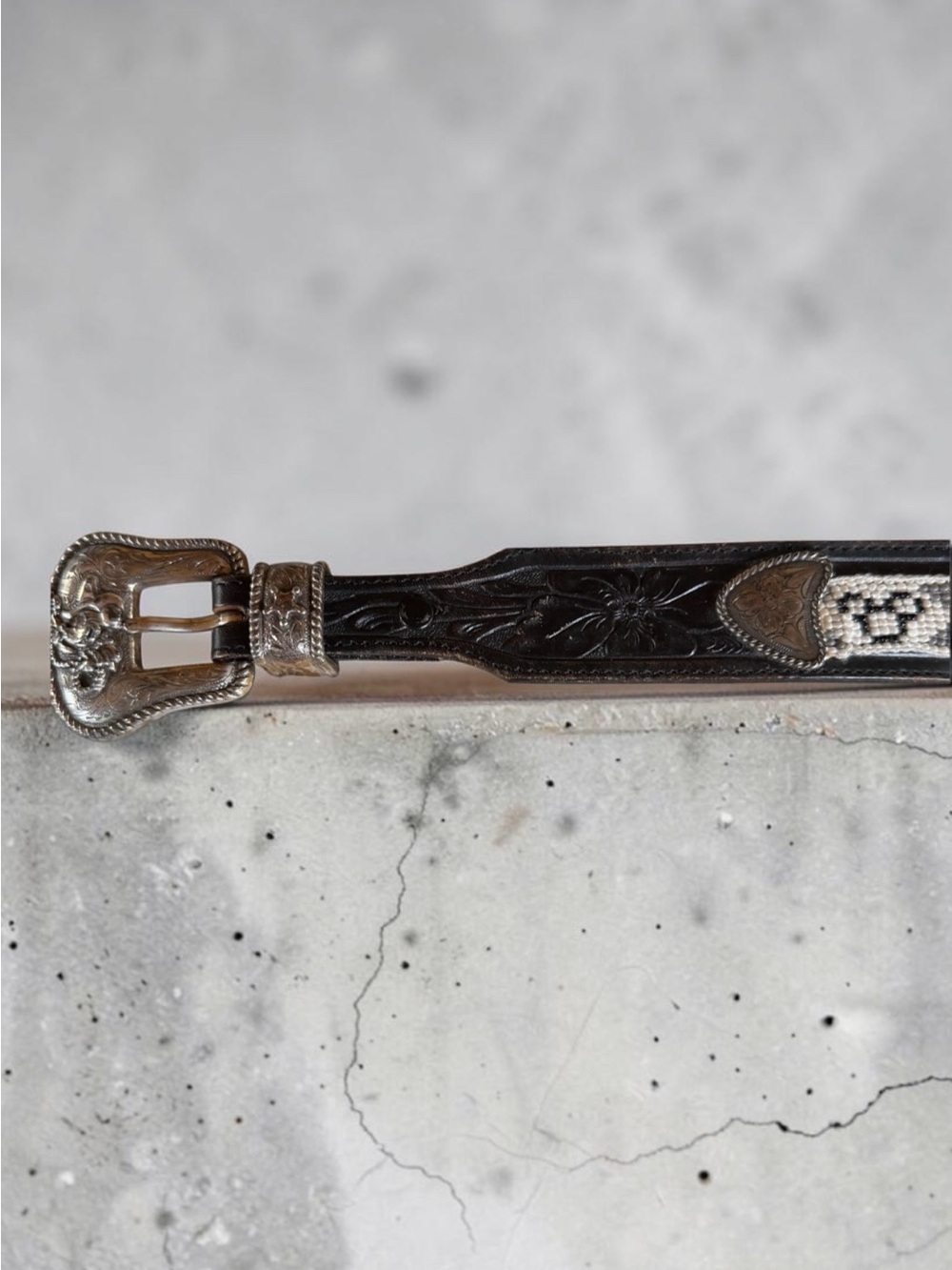 Vintage Brighton Leather and Beaded Belt with Silver Mickey Mouse Western Buckle
